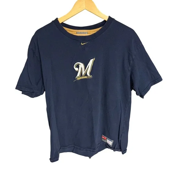 Vintage Nike Milwaukee Brewers MLB Baseball T-Shirt Mens Large Gold Logo - Picture 1 of 8